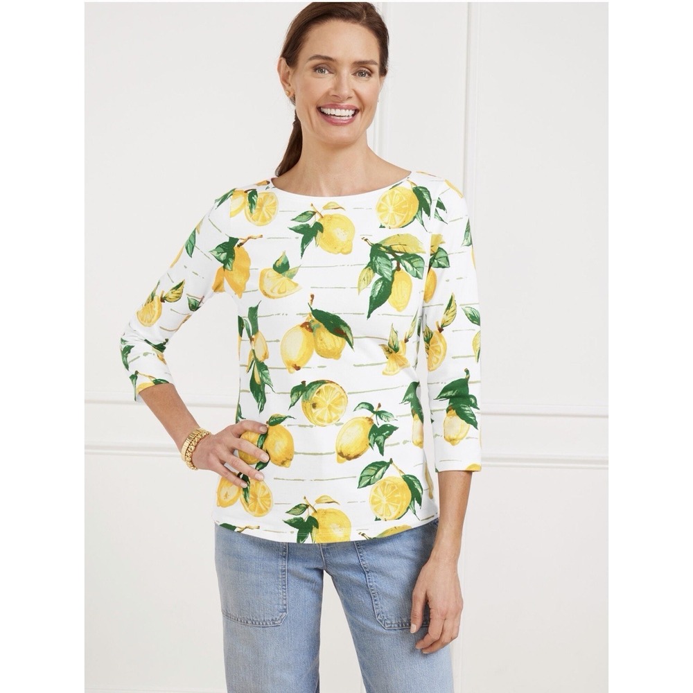 TALBOTS Size-1X Plus Bateau‎ Neck Tee Luscious Lemons White